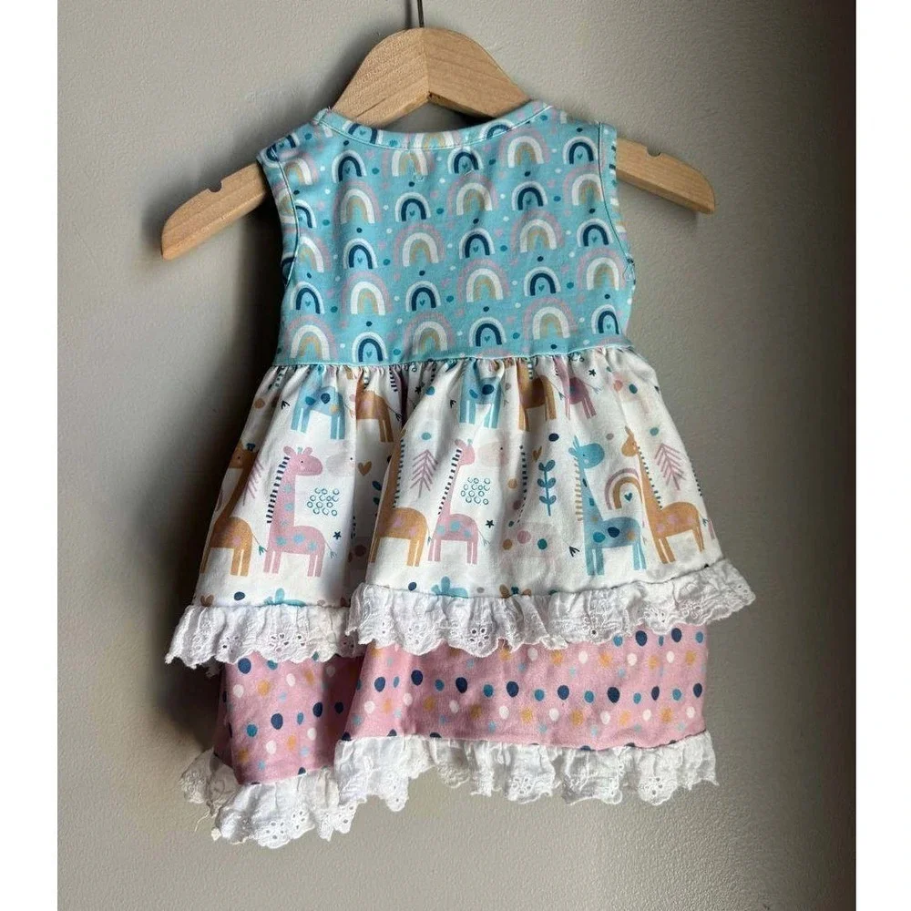 Pete Lucy Rainbow Giraffe Tiered Baby Dress Eyelet Lace 0-6M Scandi Baby Ballet